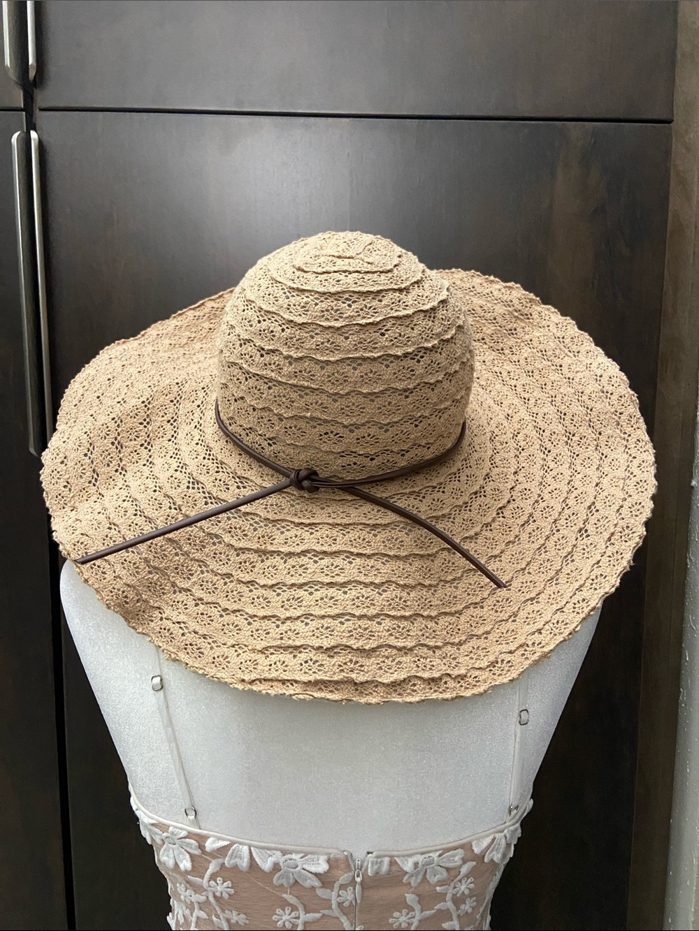 Women’s Wide Brim Adjustable Crochet Sun Hat - Tan with faux leather accent.